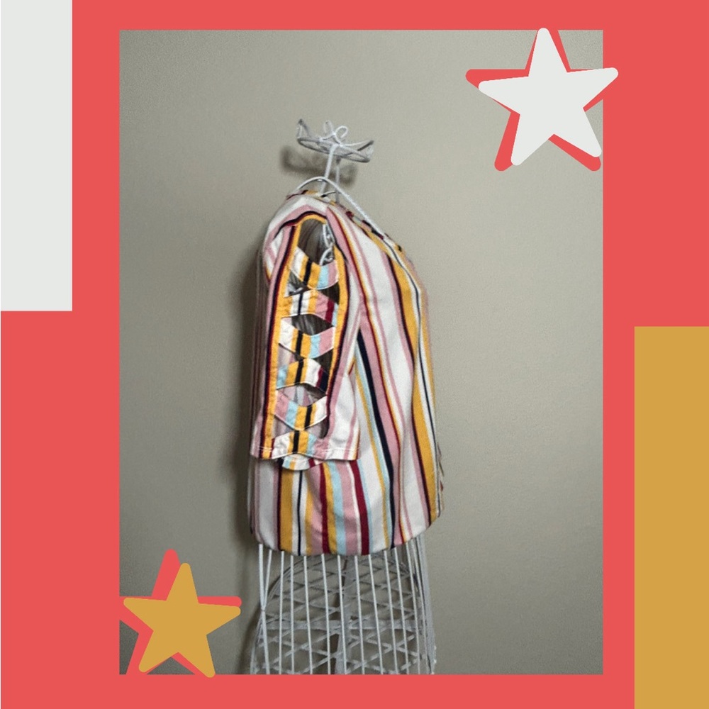large iz byer multi colored striped shirt with crossed sleeves